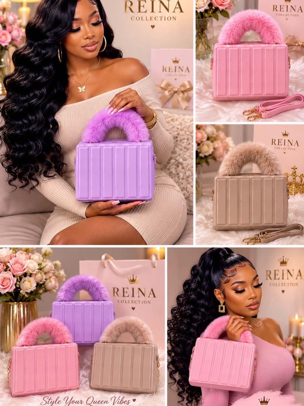 Faux-Fur Handle Box Bag - Pink, Lilac & Taupe